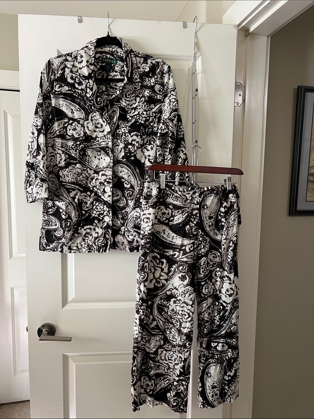 Ralph Lauren Black & White Paisley Two-Piece Pajama Set